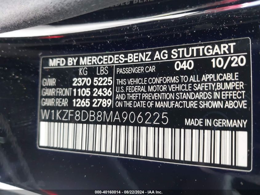 2021 Mercedes-Benz E 350 VIN: W1KZF8DB8MA906225 Lot: 40160014