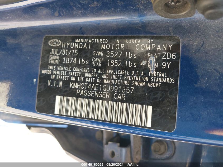 2016 Hyundai Accent Se VIN: KMHCT4AE1GU991357 Lot: 40160025