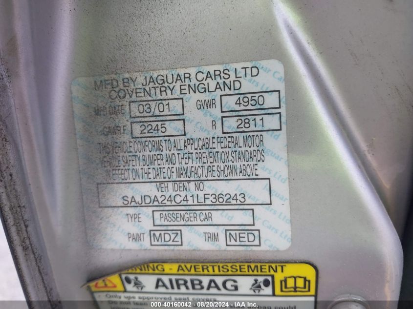 2001 Jaguar Xj8 Vanden Plas VIN: SAJDA24C41LF36243 Lot: 40160042