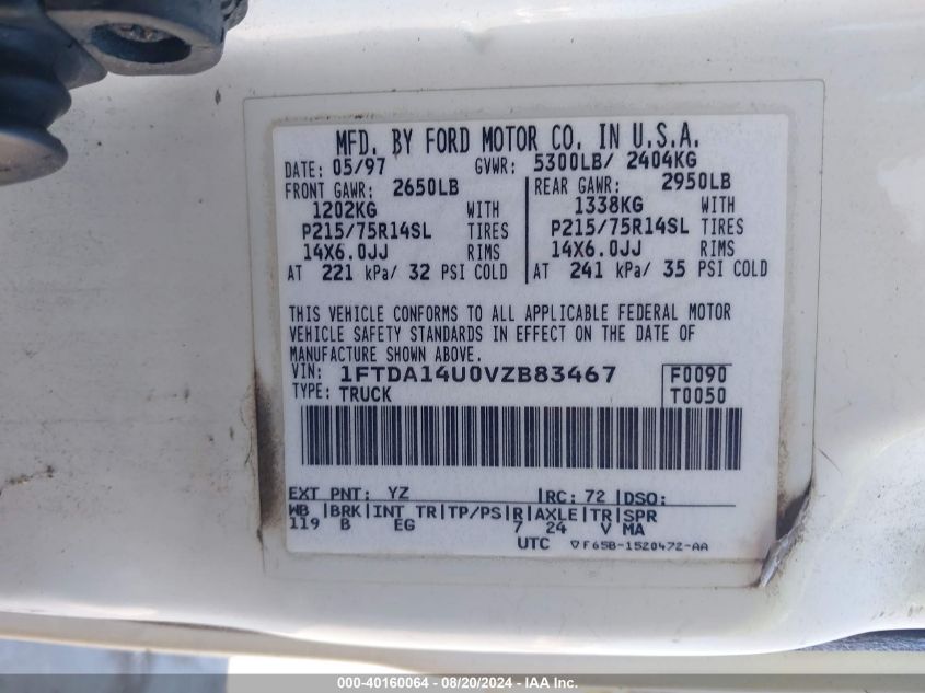 1997 Ford Aerostar Standard VIN: 1FTDA14U0VZB83467 Lot: 40160064