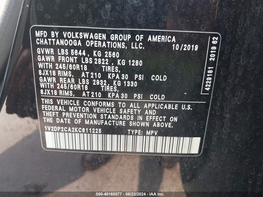 VIN 1V2DP2CA2KC611225 2019 VOLKSWAGEN ATLAS 2.0T SE