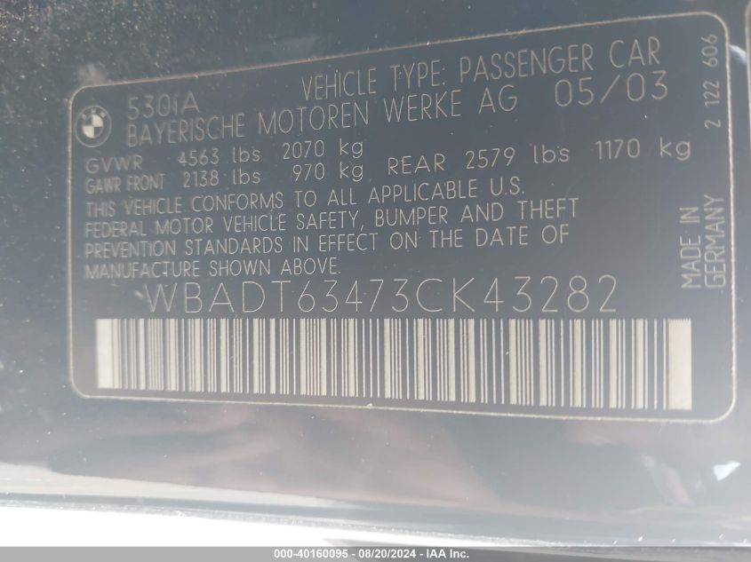2003 BMW 530Ia VIN: WBADT63473CK43282 Lot: 40160095