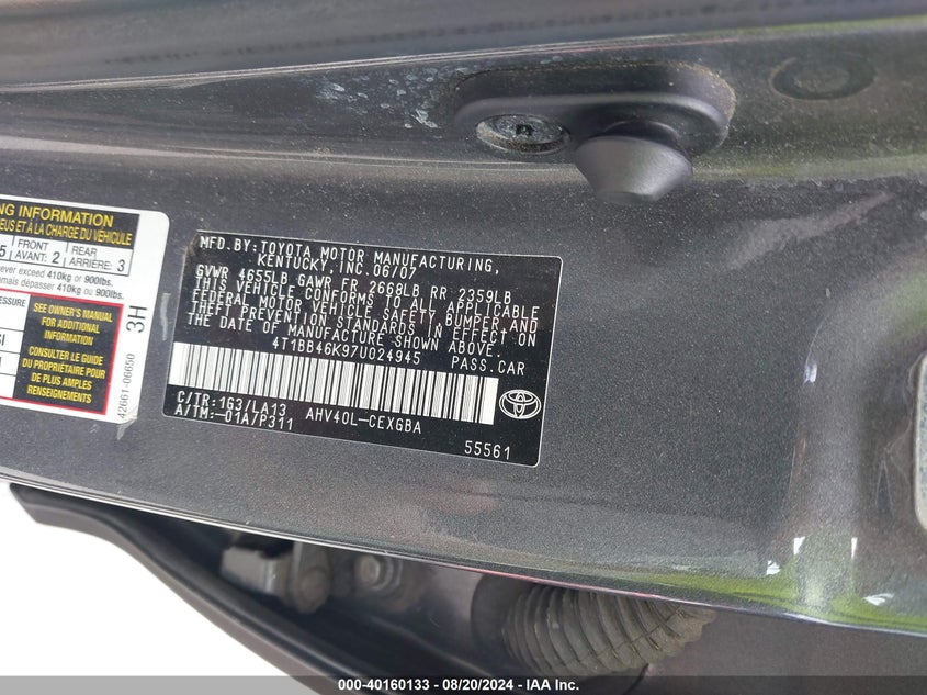 2007 Toyota Camry Hybrid VIN: 4T1BB46K97U024945 Lot: 40160133