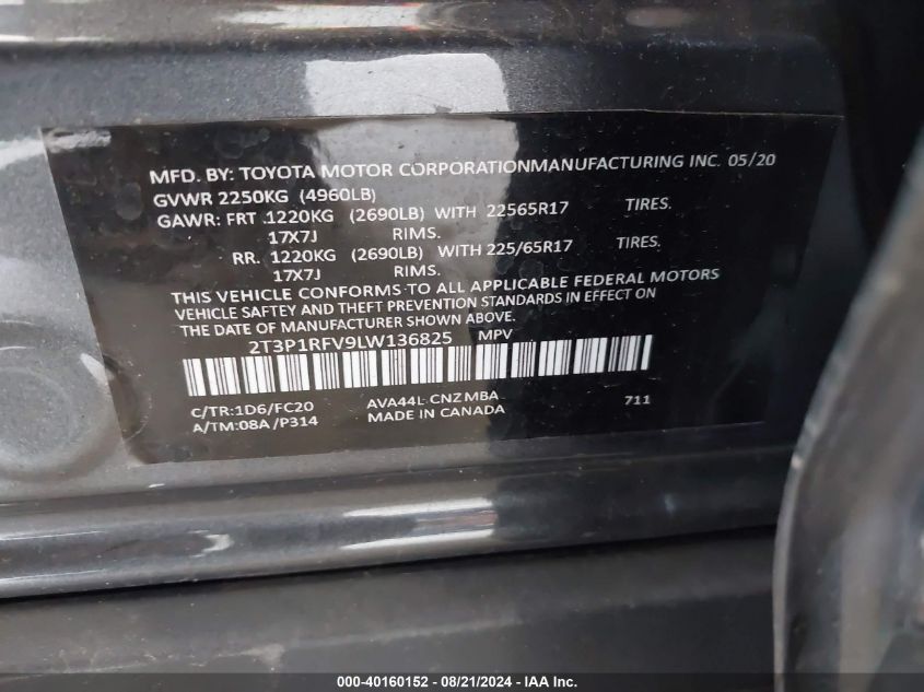 2020 Toyota Rav4 Xle/Xle Premium VIN: 2T3P1RFV9LW136825 Lot: 40160152