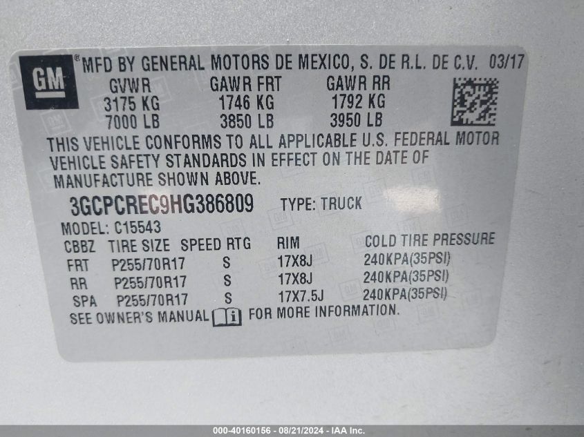 3GCPCREC9HG386809 2017 Chevrolet Silverado 1500 1Lt