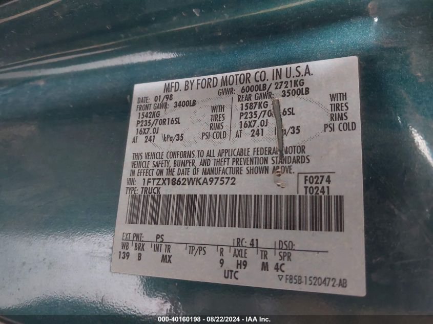 1998 Ford F-150 Lariat/Standard/Xl/Xlt VIN: 1FTZX1862WKA97572 Lot: 40160198