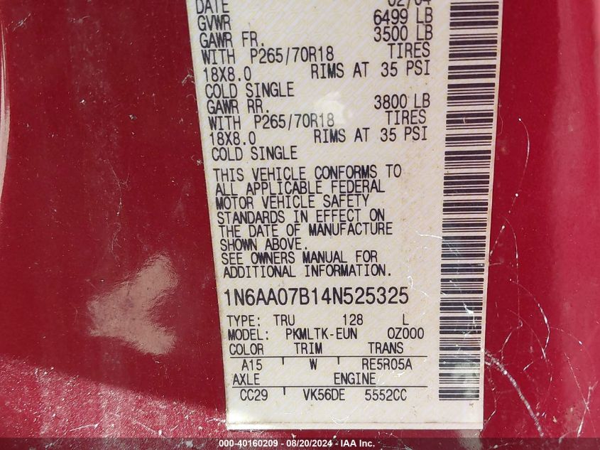 2004 Nissan Titan Se VIN: 1N6AA07B14N525325 Lot: 40160209