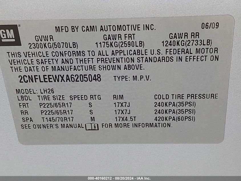 2010 Chevrolet Equinox Lt VIN: 2CNFLEEWXA6205048 Lot: 40160212