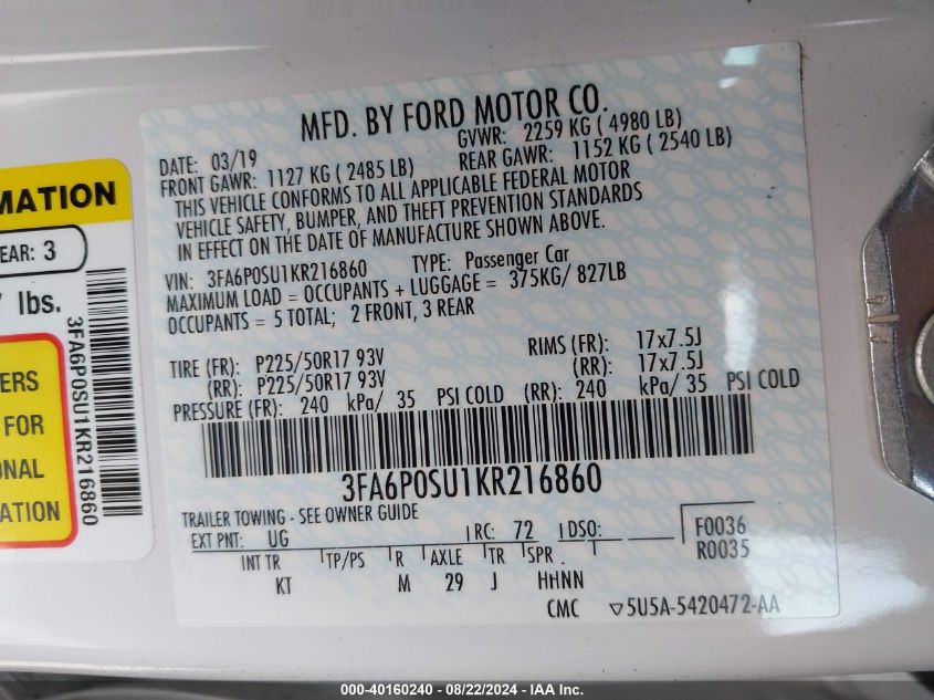 2019 FORD FUSION ENERGI TITANIUM - 3FA6P0SU1KR216860