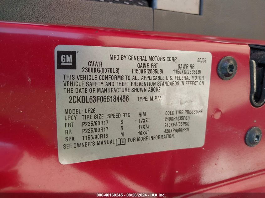 2006 Pontiac Torrent VIN: 2CKDL63F066184456 Lot: 40160245