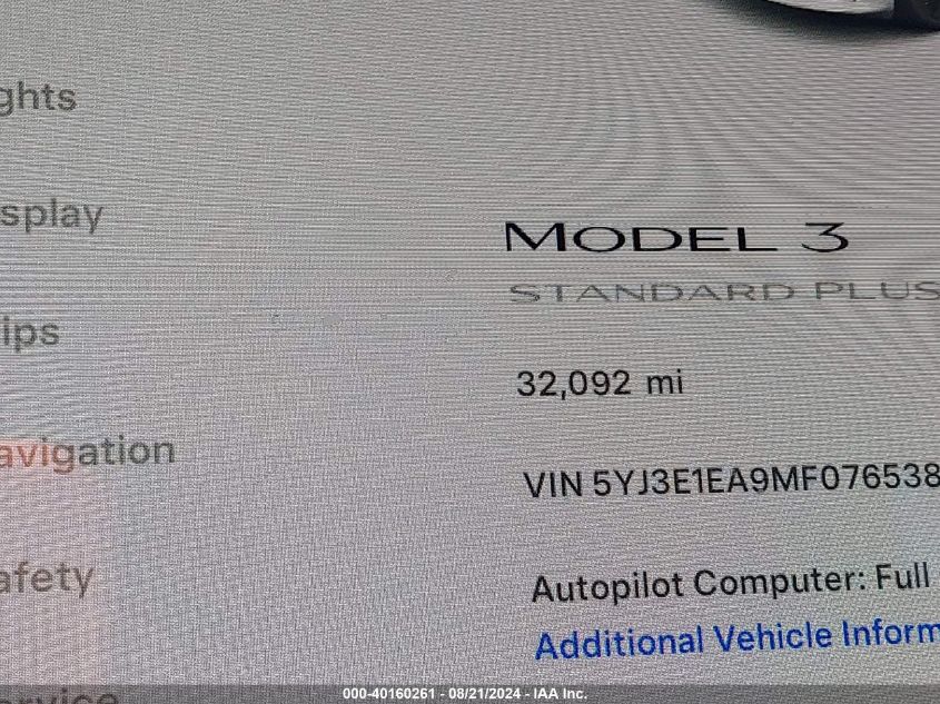 2021 Tesla Model 3 VIN: 5YJ3E1EA9MF076538 Lot: 40160261