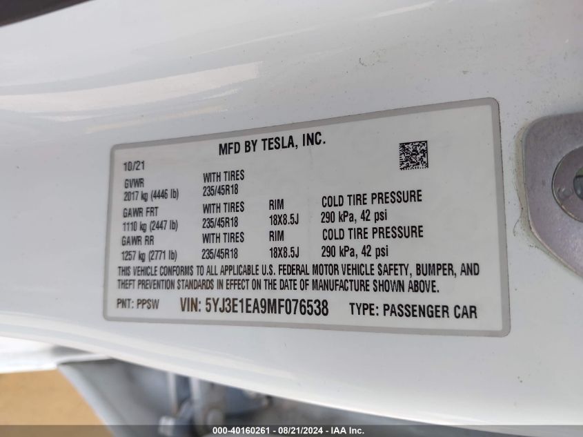 2021 Tesla Model 3 VIN: 5YJ3E1EA9MF076538 Lot: 40160261