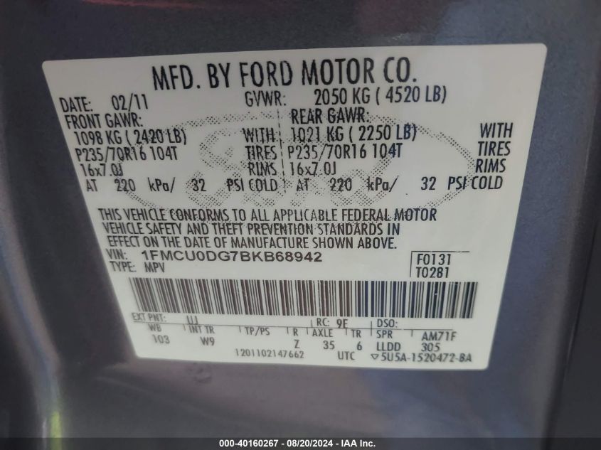 2011 Ford Escape Xlt VIN: 1FMCU0DG7BKB68942 Lot: 40160267