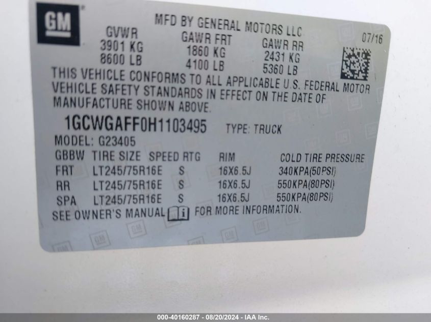2017 Chevrolet Express 2500 Work Van VIN: 1GCWGAFF0H1103495 Lot: 40160287