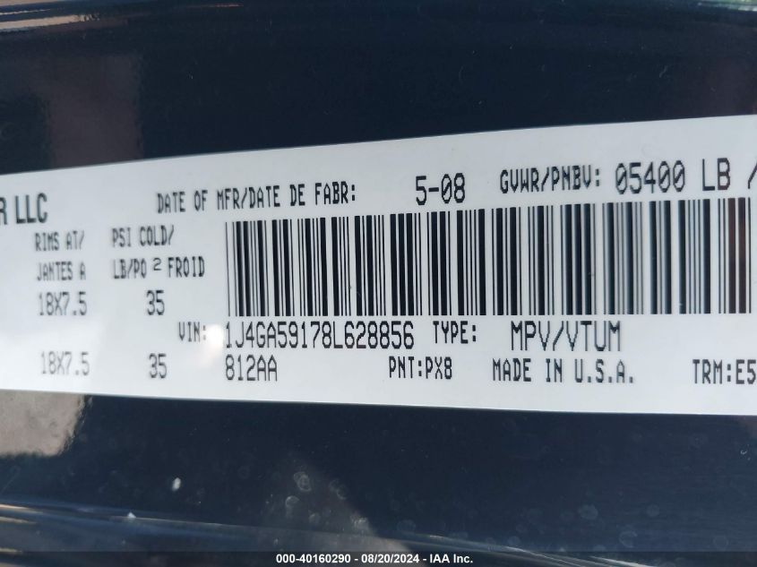 2008 Jeep Wrangler Unlimited Sahara VIN: 1J4GA59178L628856 Lot: 40160290