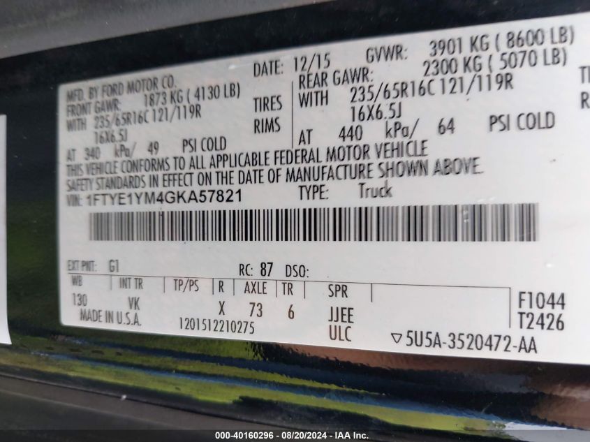 2016 Ford Transit-150 VIN: 1FTYE1YM4GKA57821 Lot: 40160296