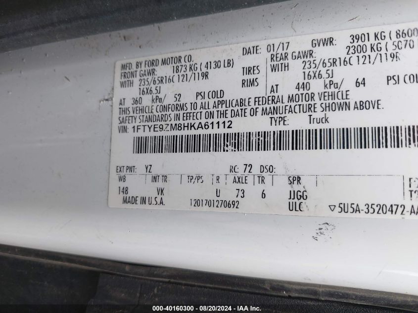 2017 Ford Transit-150 VIN: 1FTYE9ZM8HKA61112 Lot: 40160300