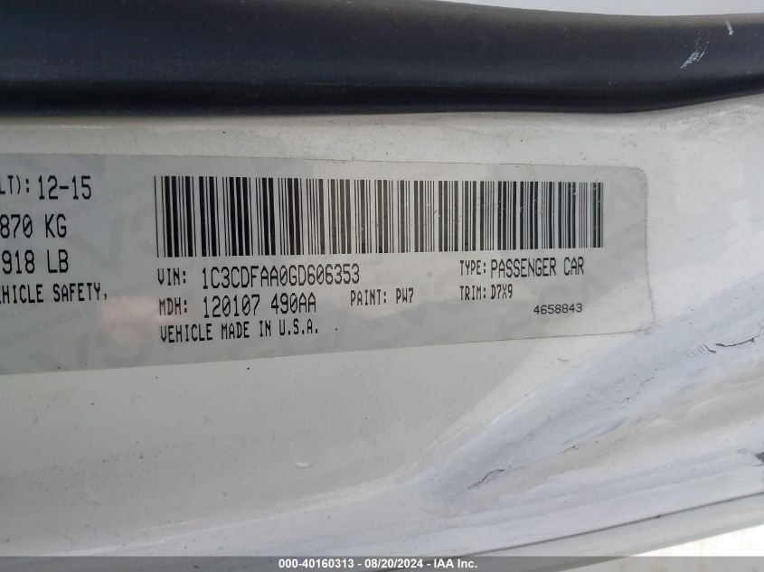 2016 Dodge Dart Se VIN: 1C3CDFAA0GD606353 Lot: 40160313