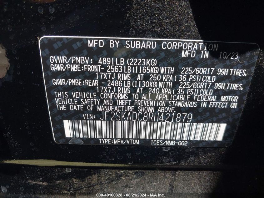 2024 Subaru Forester Premium VIN: JF2SKADC8RH421879 Lot: 40160328