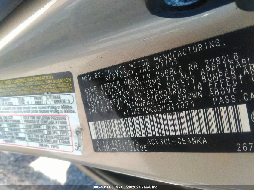 2005 Toyota Camry Le VIN: 4T1BE32K95U041071 Lot: 40160334