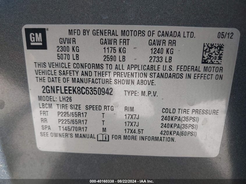 2GNFLEEK8C6350942 2012 Chevrolet Equinox 1Lt