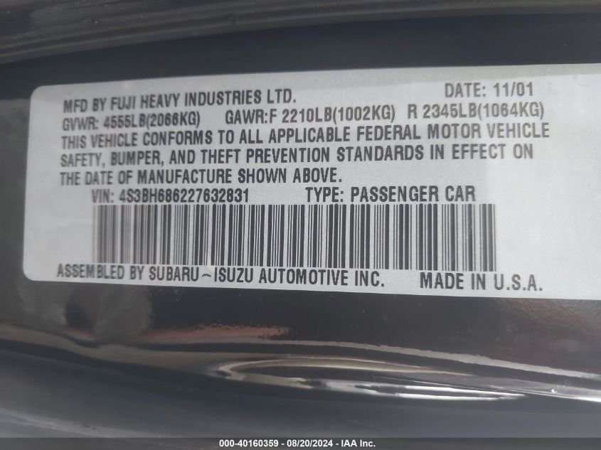 2002 Subaru Outback Limited VIN: 4S3BH686227632831 Lot: 40160359