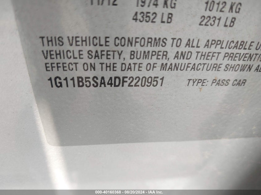 2013 Chevrolet Malibu 1Ls VIN: 1G11B5SA4DF220951 Lot: 40160368