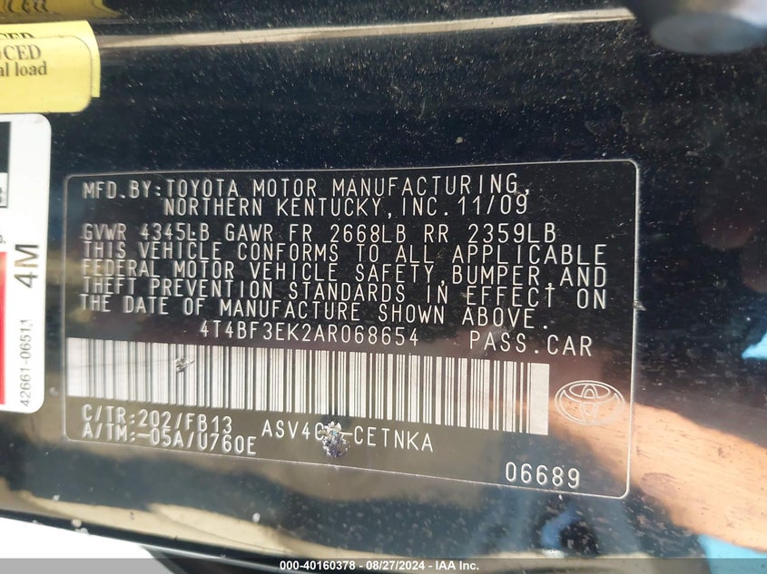 2010 Toyota Camry VIN: 4T4BF3EK2AR068654 Lot: 40160378