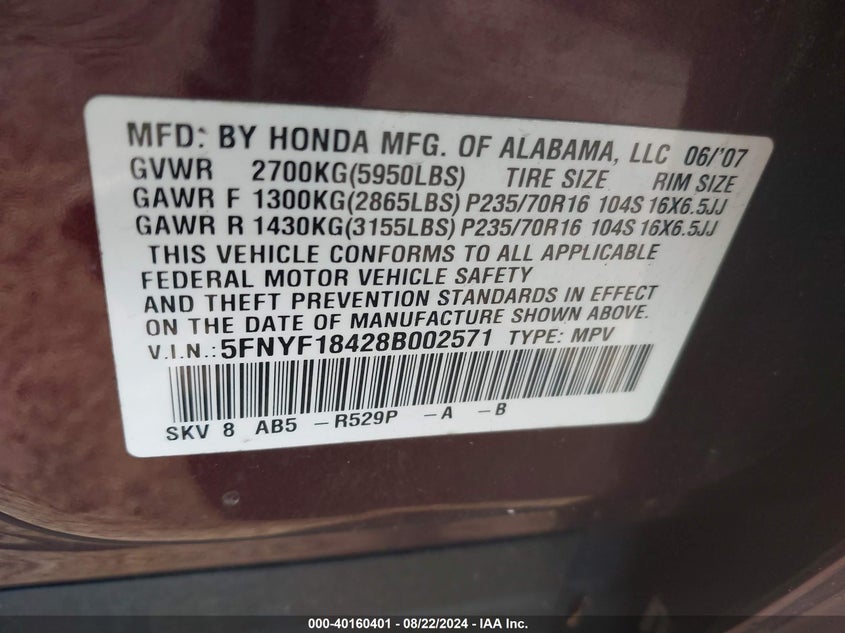 2008 Honda Pilot Ex VIN: 5FNYF18428B002571 Lot: 40160401