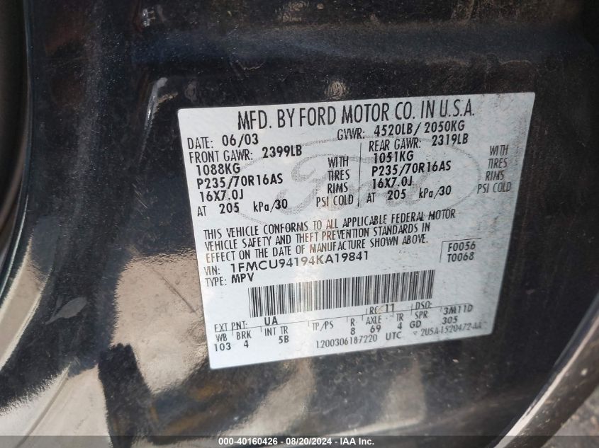 2004 Ford Escape Limited VIN: 1FMCU94194KA19841 Lot: 40160426