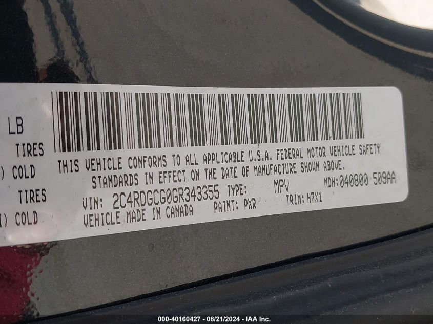 2016 Dodge Grand Caravan Sxt VIN: 2C4RDGCG0GR343355 Lot: 40160427