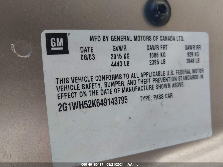 2004 Chevrolet Impala Ls VIN: 2G1WH52K649143795 Lot: 40160467