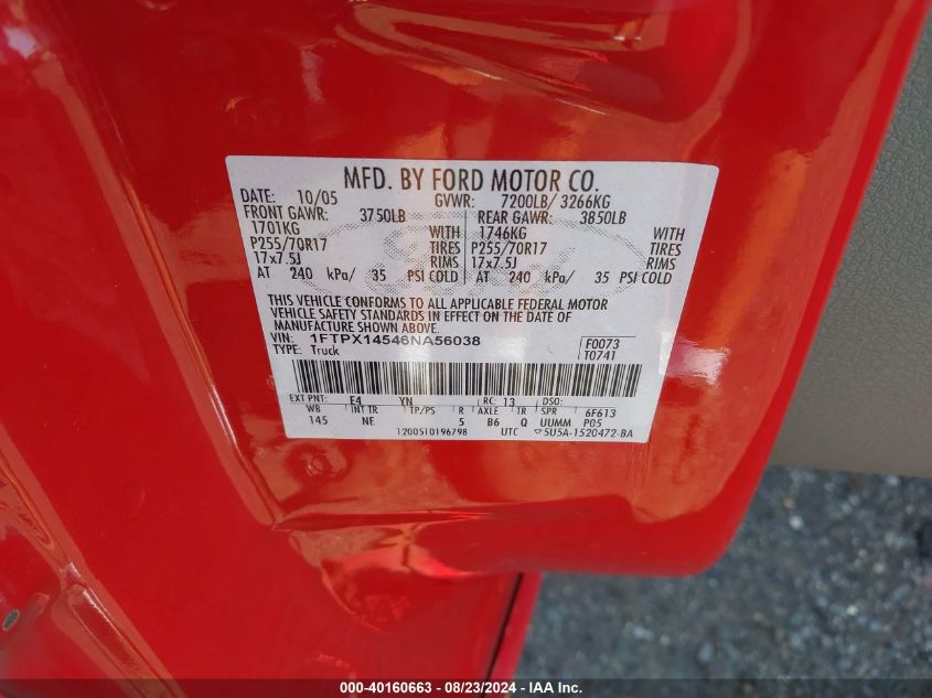 2006 Ford F-150 Fx4/Lariat/Xl/Xlt VIN: 1FTPX14546NA56038 Lot: 40160663