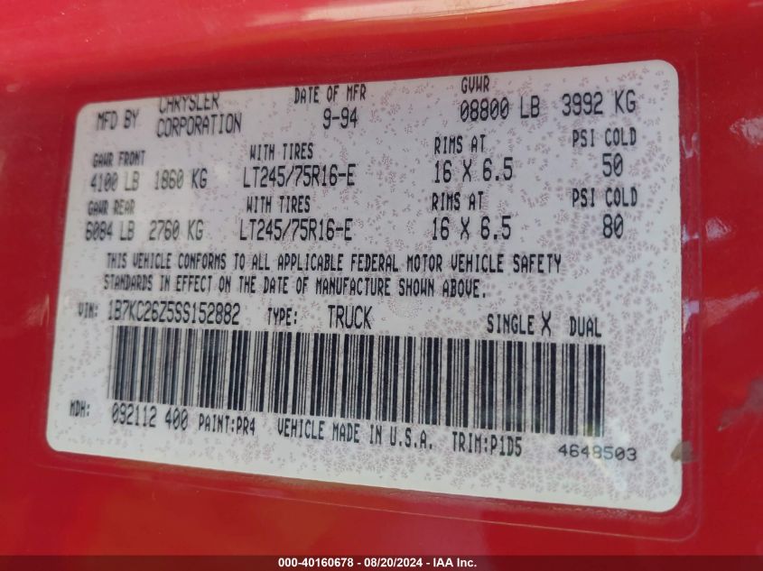 1995 Dodge Ram 2500 VIN: 1B7KC26Z5SS152882 Lot: 40160678