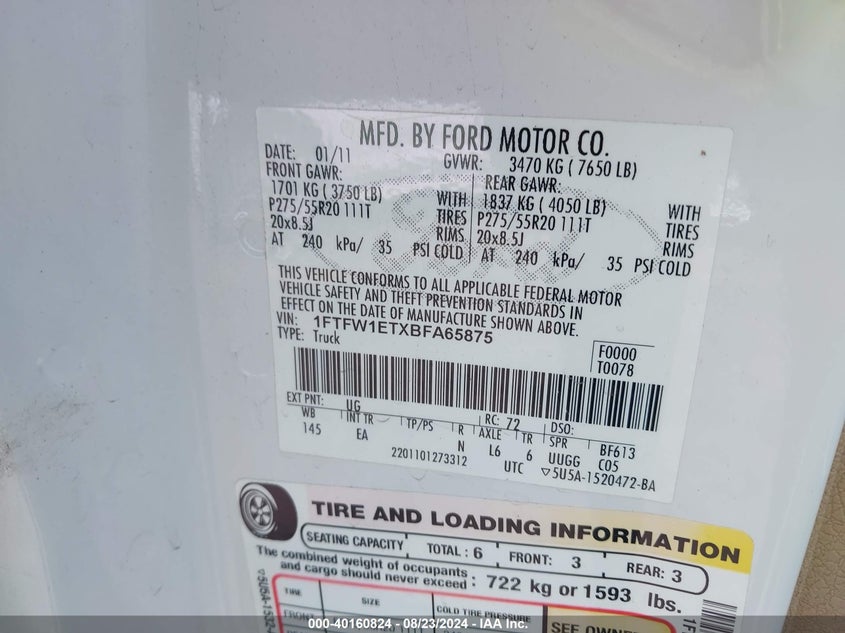 2011 Ford F-150 Lariat VIN: 1FTFW1ETXBFA65875 Lot: 40160824