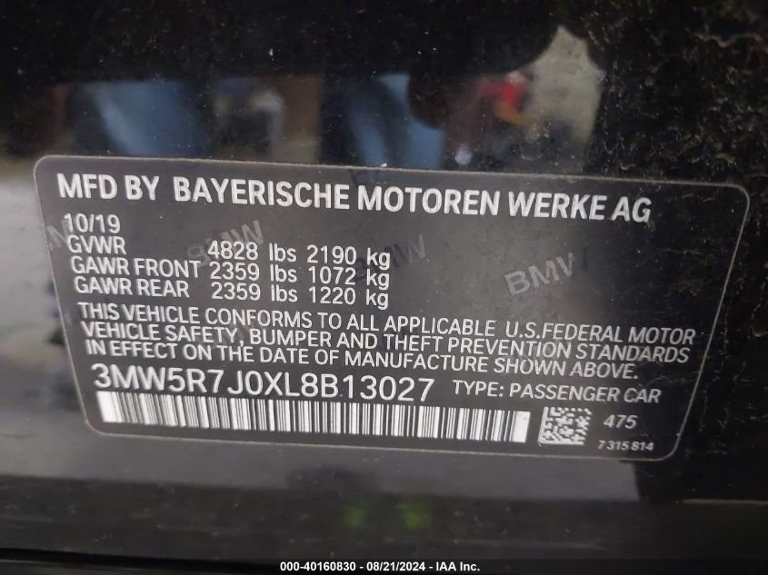 2020 BMW 330I xDrive VIN: 3MW5R7J0XL8B13027 Lot: 40160830