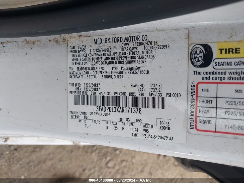 2010 Ford Fusion Hybrid VIN: 3FADP0L3XAR171378 Lot: 40160888