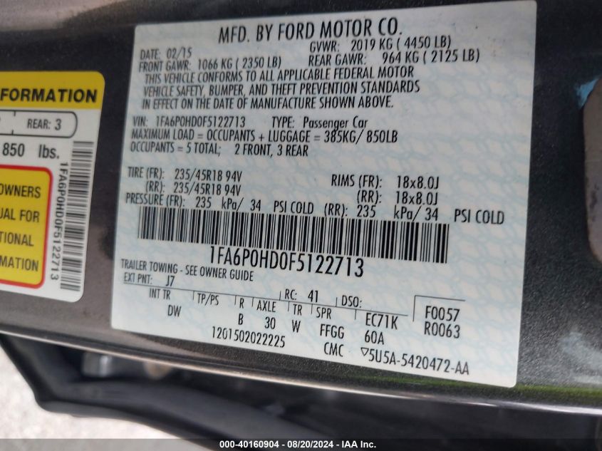 2015 Ford Fusion Se VIN: 1FA6P0HD0F5122713 Lot: 40160904