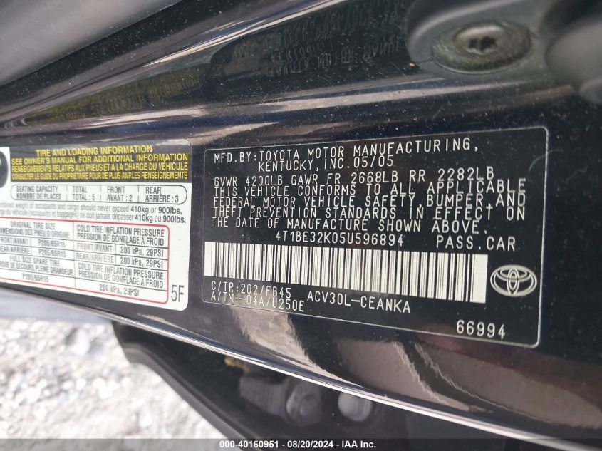 2005 Toyota Camry Le VIN: 4T1BE32K05U596894 Lot: 40160951