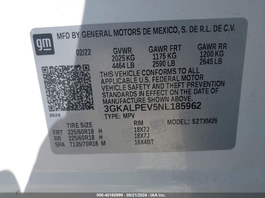 2022 GMC Terrain Slt VIN: 3GKALPEV5NL185962 Lot: 40160999