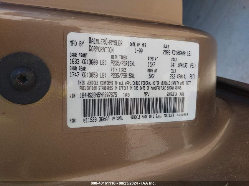 2000 Dodge Durango VIN: 1B4HS28N5YF207675 Lot: 40161116