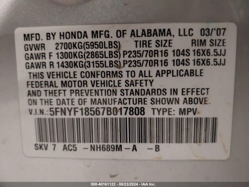 2007 Honda Pilot Ex-L VIN: 5FNYF18567B017808 Lot: 40161122