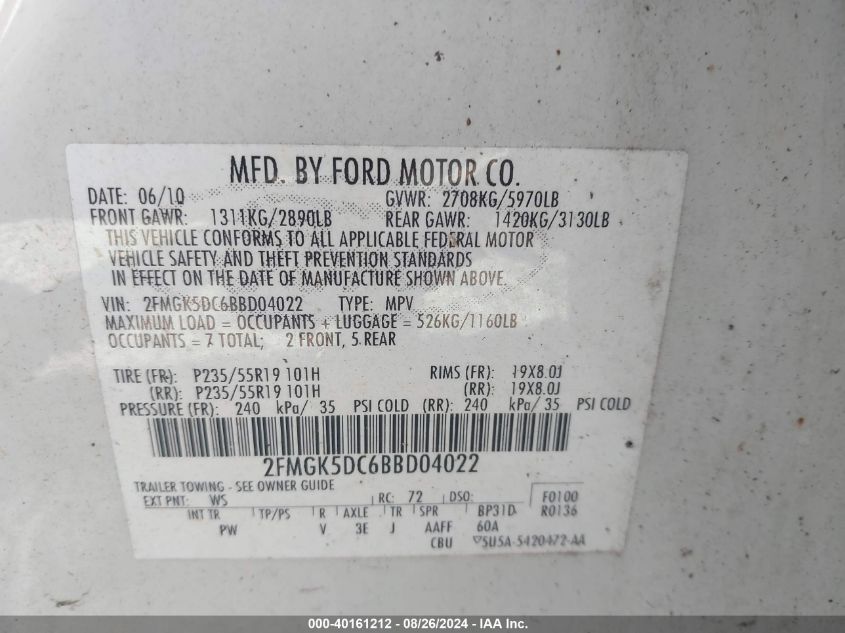 2011 Ford Flex Limited VIN: 2FMGK5DC6BBD04022 Lot: 40161212