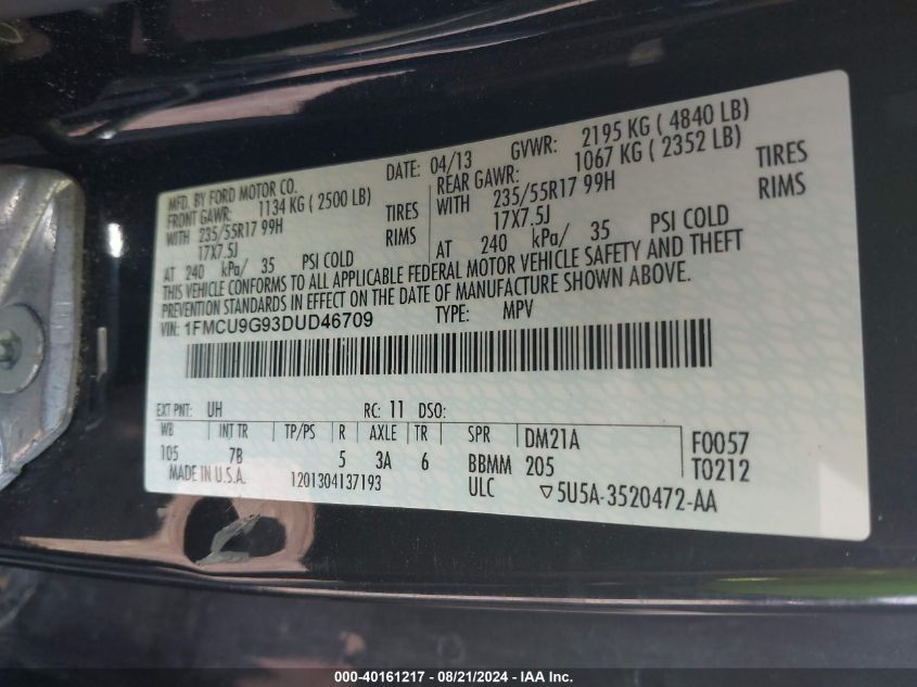 2013 Ford Escape Se VIN: 1FMCU9G93DUD46709 Lot: 40161217