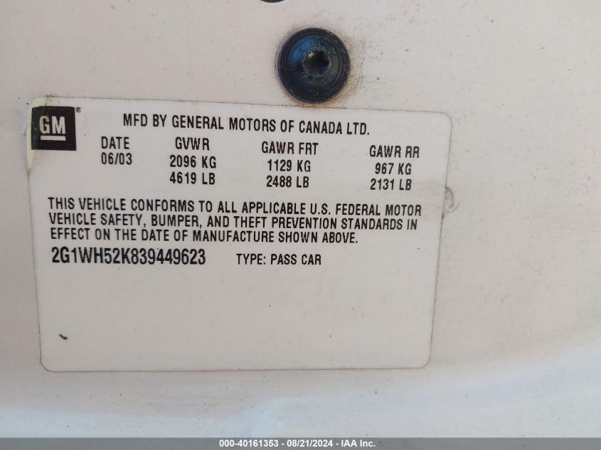 2003 Chevrolet Impala Ls VIN: 2G1WH52K839449623 Lot: 40161353