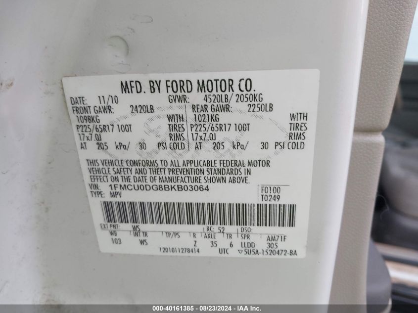 2011 Ford Escape Xlt VIN: 1FMCU0DG8BKB03064 Lot: 40161385