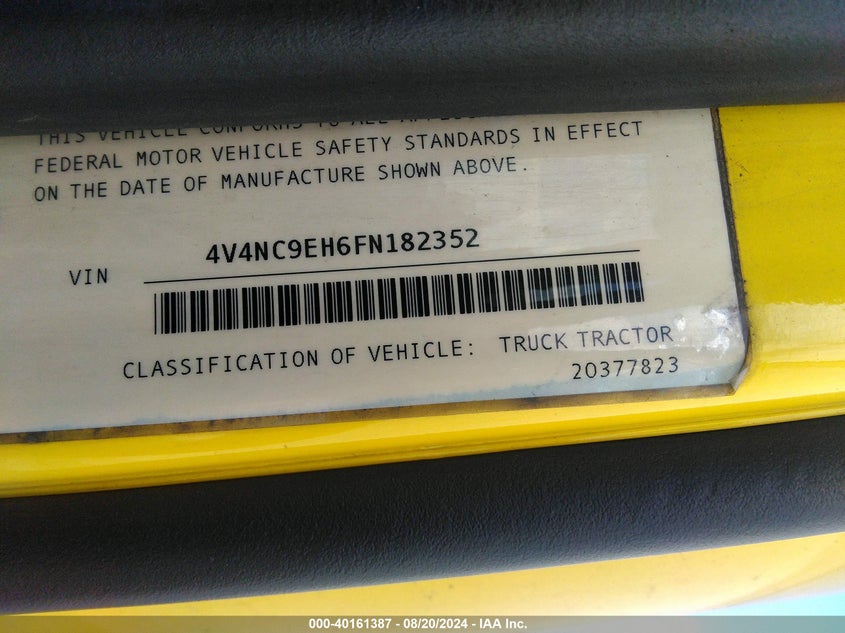 2015 Volvo Vn Vnl VIN: 4V4NC9EH6FN182352 Lot: 40161387