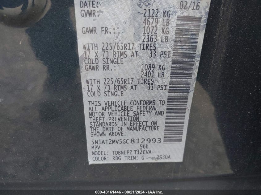 2016 Nissan Rogue S VIN: 5N1AT2MV5GC812993 Lot: 40161446