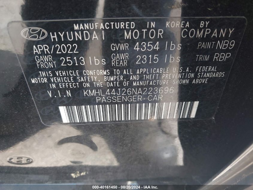 2022 Hyundai Sonata Sel Plus VIN: KMHL44J26NA223696 Lot: 40161450