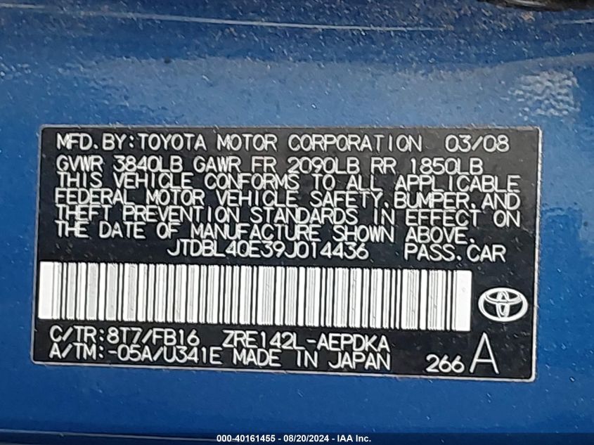 2009 Toyota Corolla Le VIN: JTDBL40E39J014436 Lot: 40161455